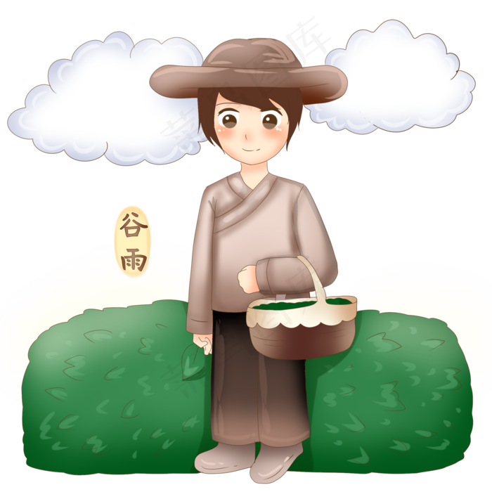 谷雨节气男孩篮子插画