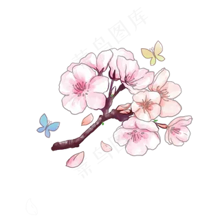 樱花粉色蝴蝶花枝唯美清新PNG,免抠元素