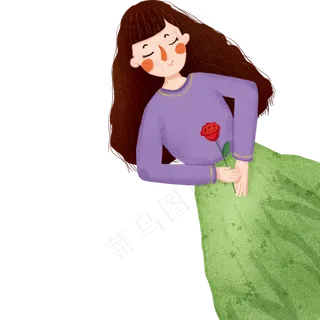 握着玫瑰躺着的卷发女孩