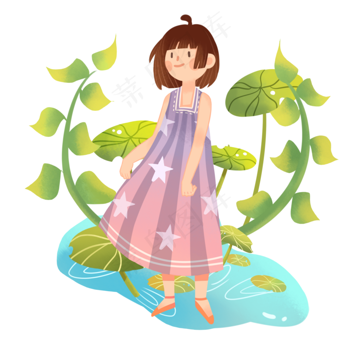 立夏乘凉卡通插画