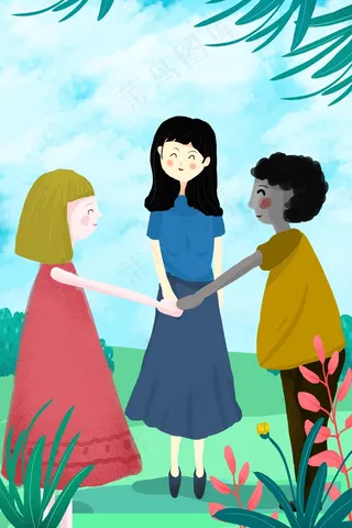 不同肤色的人手搭着手