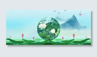 复古中国风六月荷花风景图