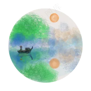 卡通手绘水墨山水画免抠png