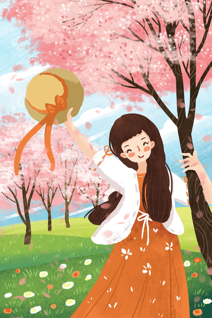 旅游欣赏樱花欢乐女孩小清新