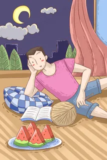 卡通手绘风立夏傍晚男孩西瓜配图