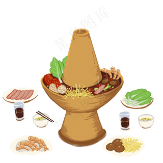 手绘卡通美食新年餐饮东北菜铜火,免抠元素