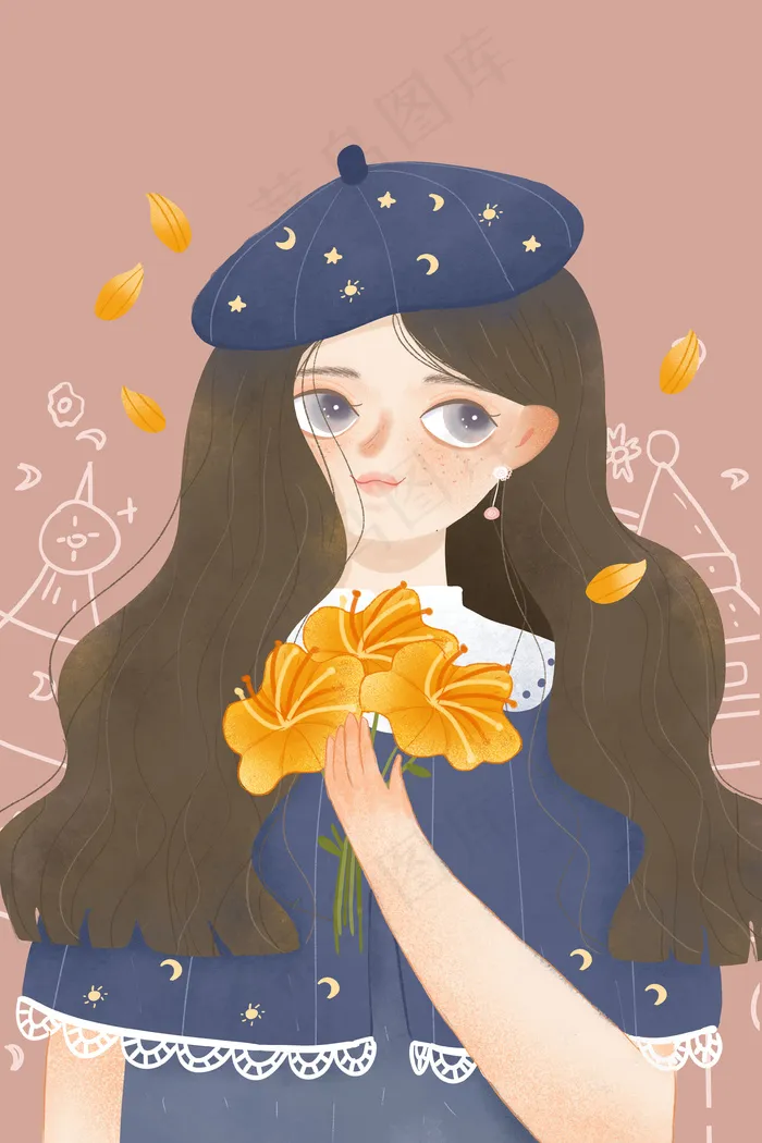 春季卡通唯美花与少女女孩手捧鲜花配图(3545X5315(DPI:300))psd模版下载