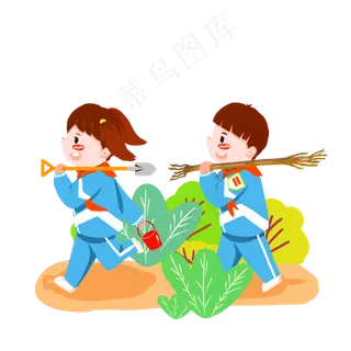 植树节小学生带着工具去种树卡通,免抠元素