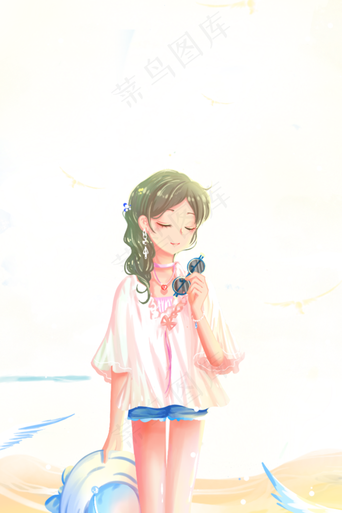 蓝色唯美卡通小清新夏季艳阳海边(3545X5315(DPI:300))psd模版下载