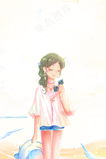 蓝色唯美卡通小清新夏季艳阳海边