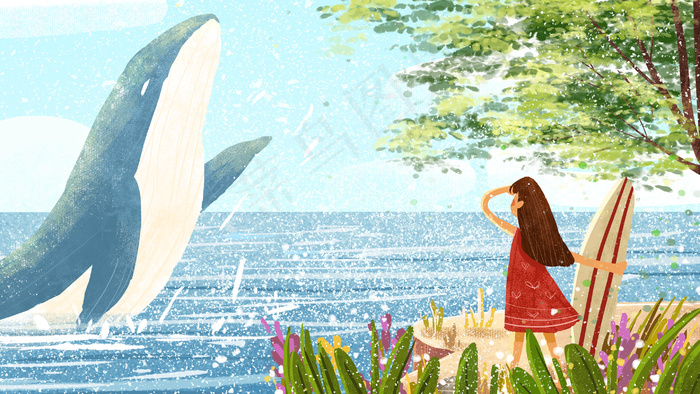 海边治愈系女孩与鲸鱼天空小清新(2880X1620(DPI:300))psd模版下载