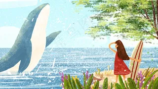 海边治愈系女孩与鲸鱼天空小清新