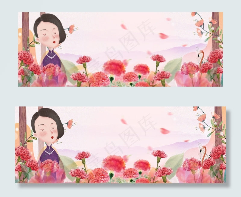 粉色手绘母亲节浪漫花卉人物背景