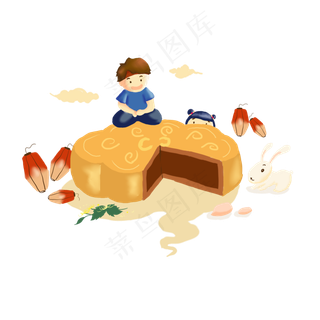 中秋月饼男孩女孩灯笼想象PNG图,免抠元素