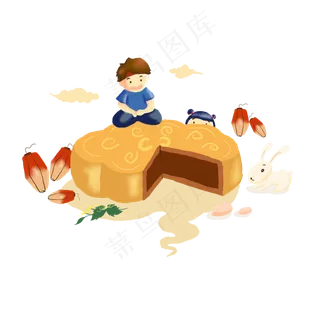 中秋月饼男孩女孩灯笼想象PNG图,免抠元素