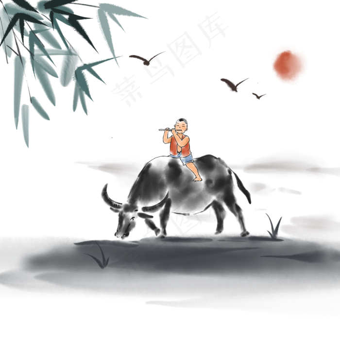 中国风水墨画放牛的牧童(2000X2000(DPI:300))psd模版下载
