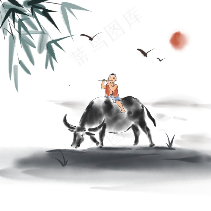 中国风水墨画放牛的牧童(2000X2000(DPI:300))psd模版下载