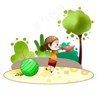 小暑大暑节气绿色夏日女孩吃西瓜