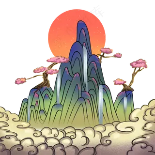 国潮年画复古山云,免抠元素