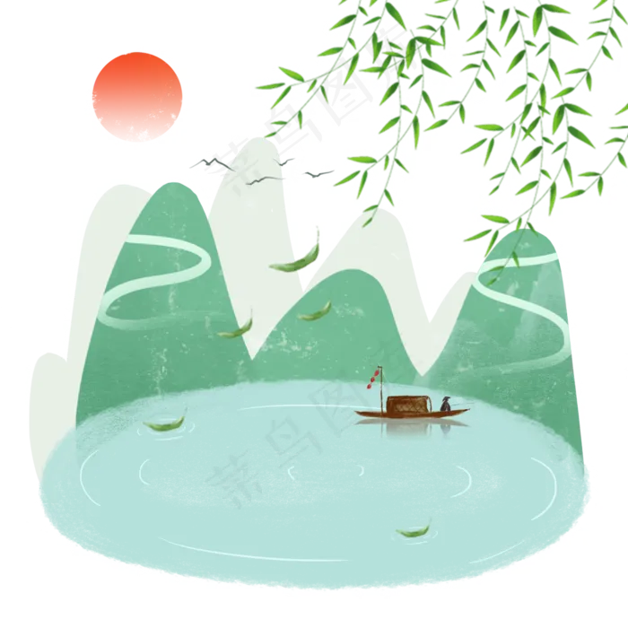 清明山水小舟绿柳红日山水春色翠,免抠元素(3000X3000(DPI:300))psd模版下载