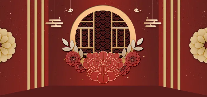 年货节文艺古典花朵烫金红色banner(1920*900px 	       )psd模版下载