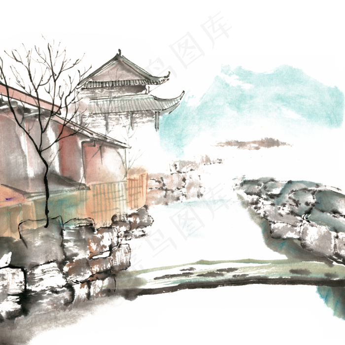 水墨画沿河的亭台楼阁,免抠元素