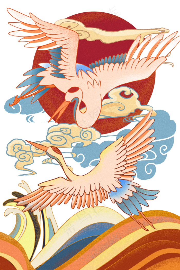 国潮白鹤祥云插画,免抠元素