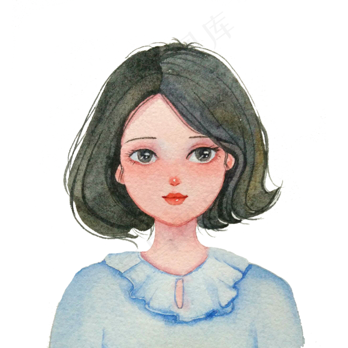 手绘水彩蓝色衣服女孩头像