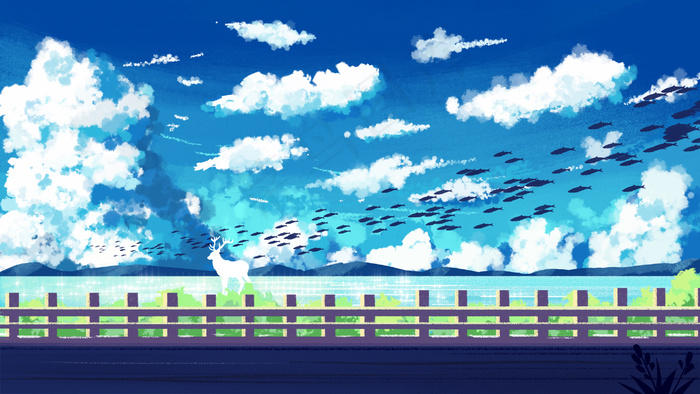 夏日海边天空云朵治愈系风景