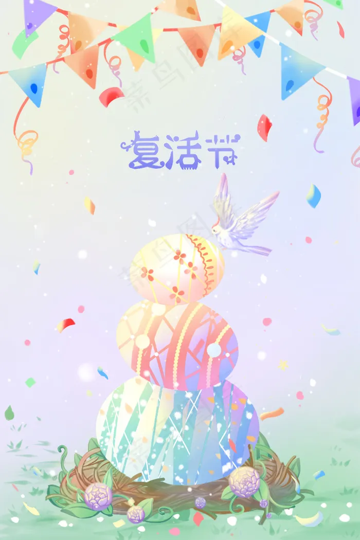暖色调唯美小清新卡通风复活节节日配图(3545*5315px 300 dpi )psd模版下载