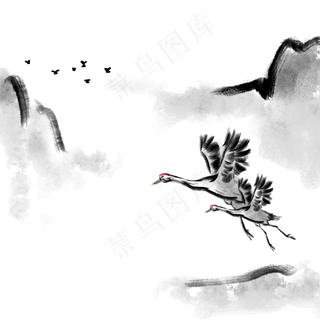 手绘中国风山水仙鹤元素PNG,免抠元素