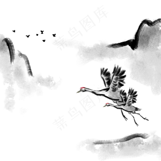 手绘中国风山水仙鹤元素PNG,免抠元素