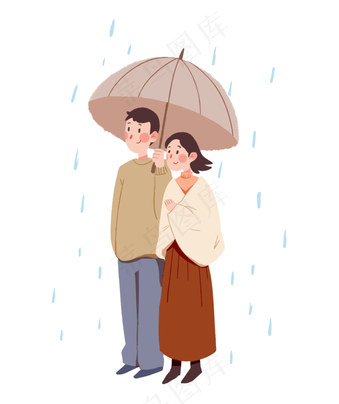 情侣一起打伞雨中漫步插画