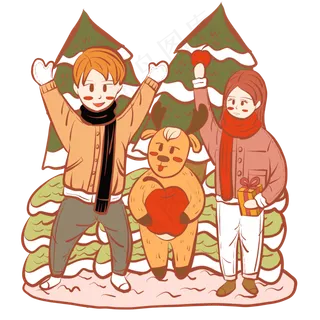 圣诞节麋鹿男女孩平安夜卡通小插,免抠元素