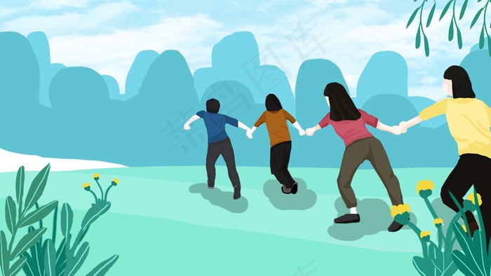 手拉手欢乐奔跑的人