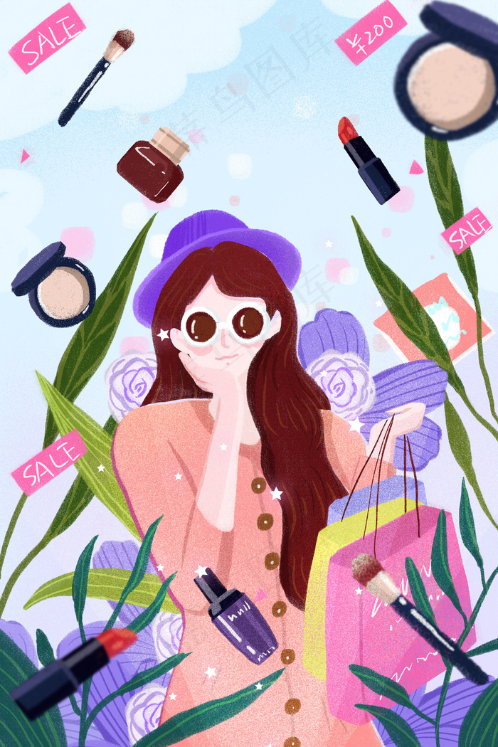 双十一美妆购物女孩插画