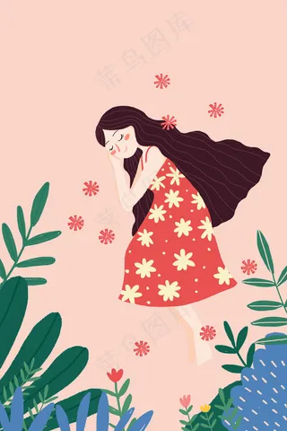 春天卡通小清新小女孩睡觉配图