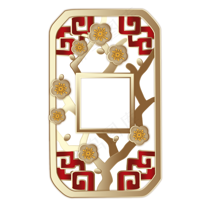 梅花金色复古边框手绘,免抠元素