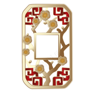梅花金色复古边框手绘,免抠元素