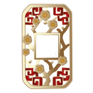 梅花金色复古边框手绘,免抠元素