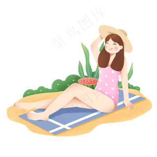 夏季海边沙滩上吃西瓜的女生