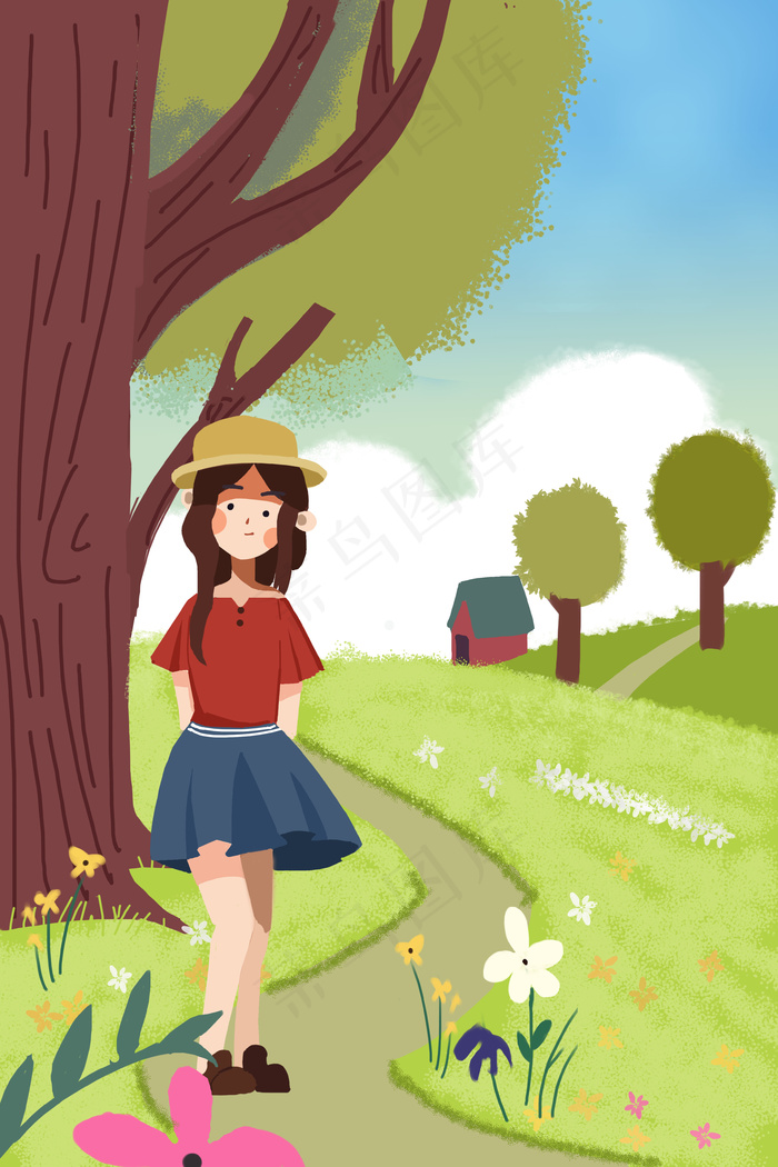 清明节踏青春游春天清新扁平少女插画
