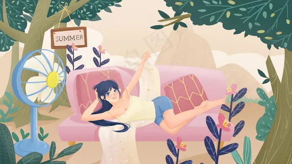 绿色处暑夏景夏季清新女孩乘凉电风扇