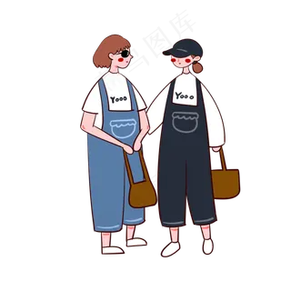 手绘卡通矢量简约3.8女生节穿闺蜜,免抠元素