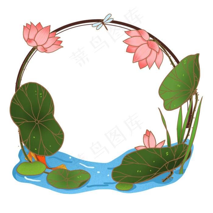 圆形荷花鲤鱼装饰边框免抠元素