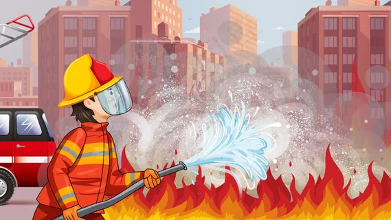 大楼起火消防员紧急灭火场景