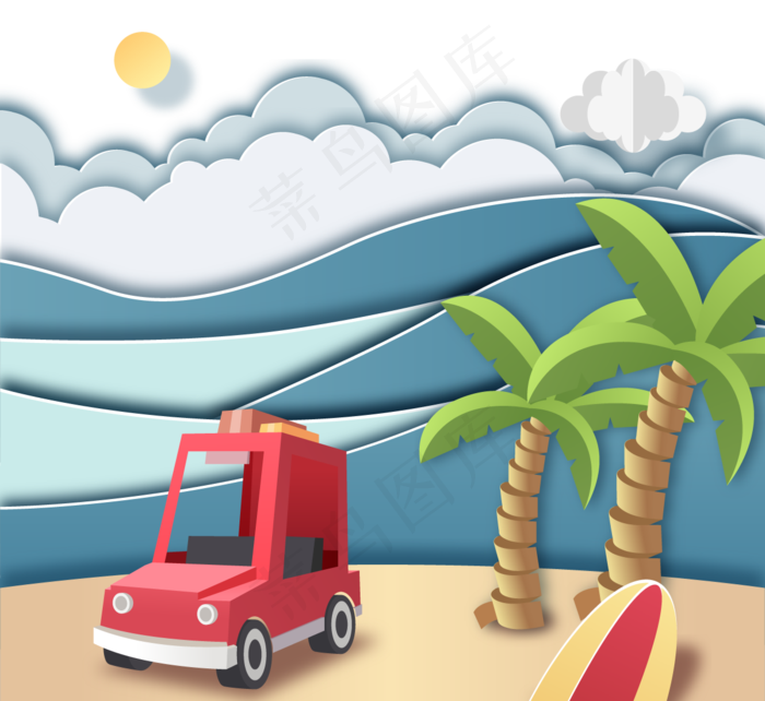 唯美夏日海滩旅游休闲剪纸