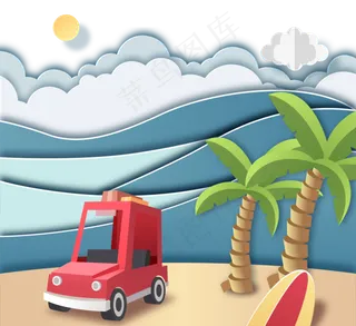 唯美夏日海滩旅游休闲剪纸