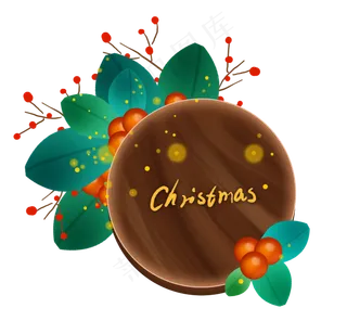 圣诞节木纹圆形植物按钮文字框,免抠元素