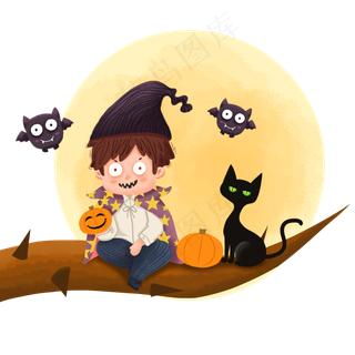 万圣节男巫和黑猫坐在树上,免抠元素